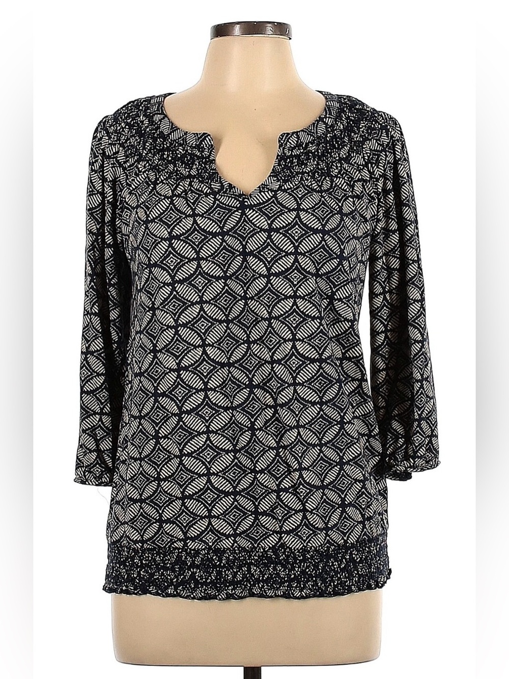 EUC Lucky Brand Blouse with Geometric Print in Navy and Cream